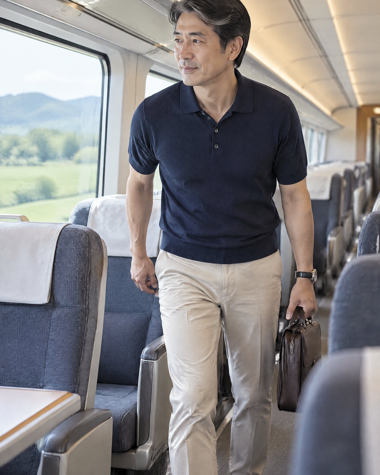 移動中の座席から、通路へ立ち上がるチノパン姿の男性